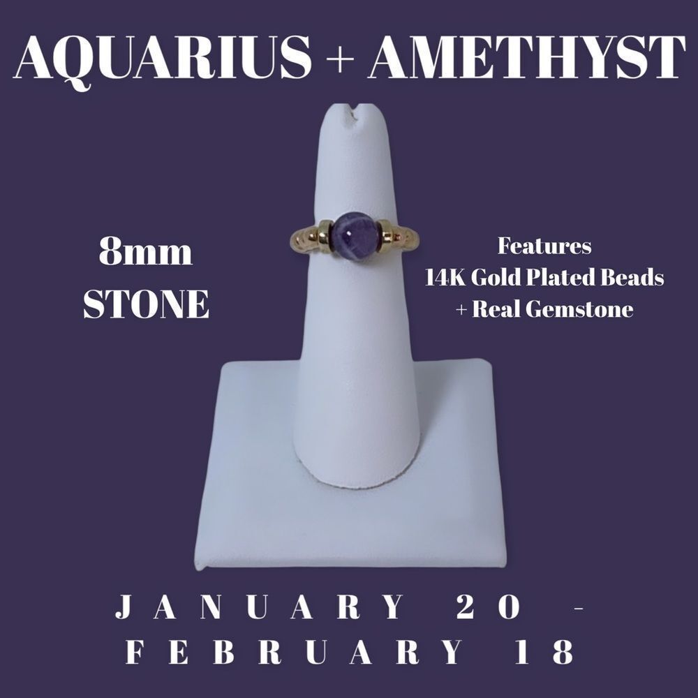 NWT Wool + Pepper Co. Zodiac + Gemstone - Aquarius + Amethyst Ring (Gold) 8mm